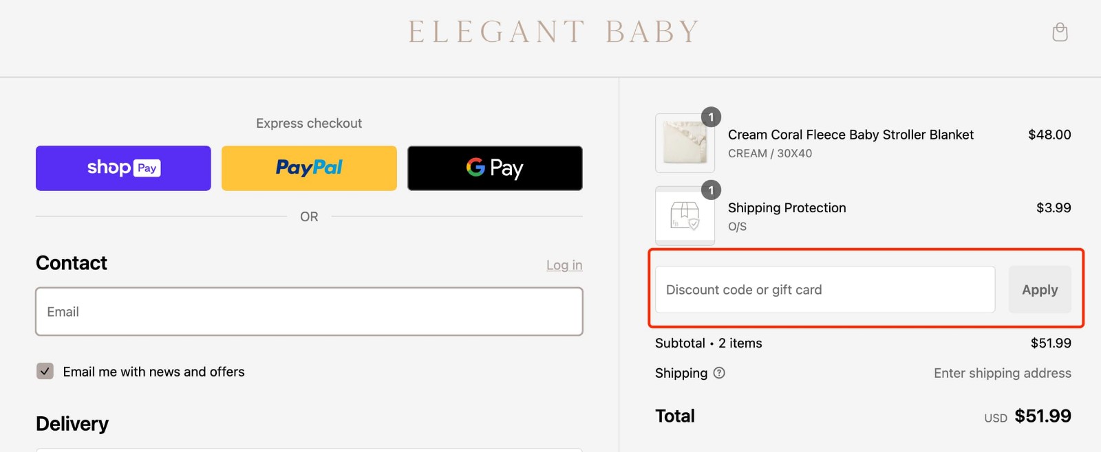 how to apply Elegant Baby Discount Code - step 1