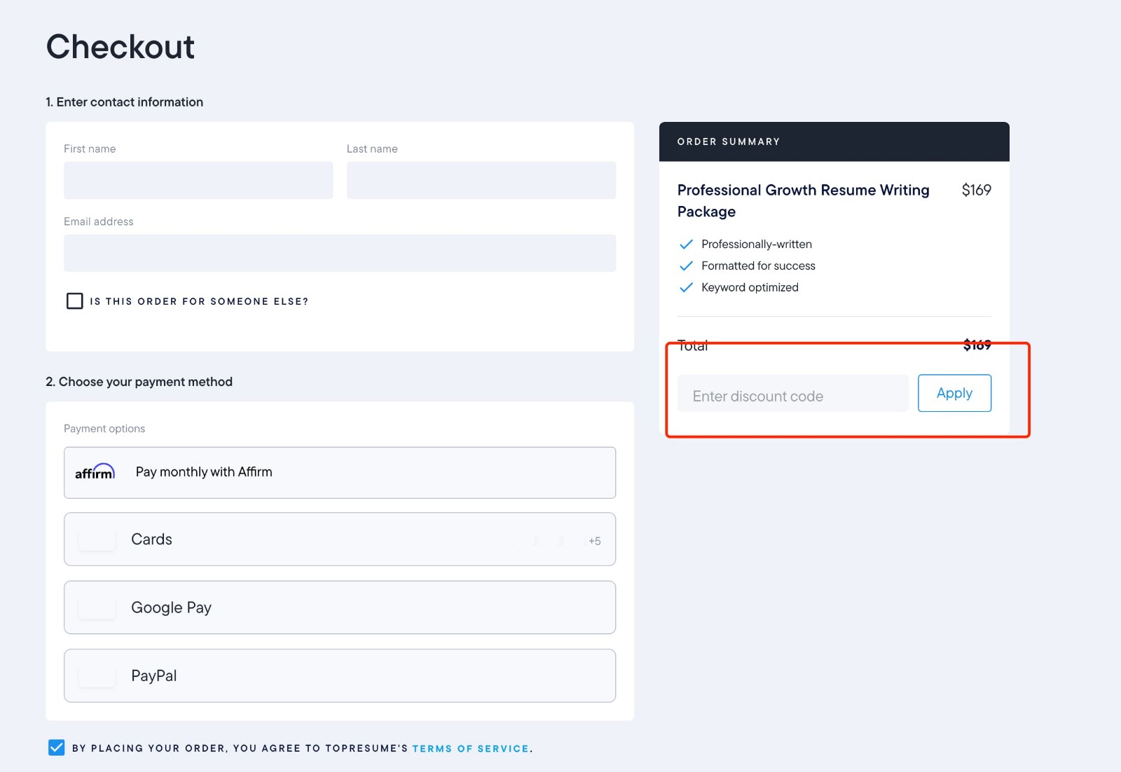 how to apply TopResume Discount Code - step 1