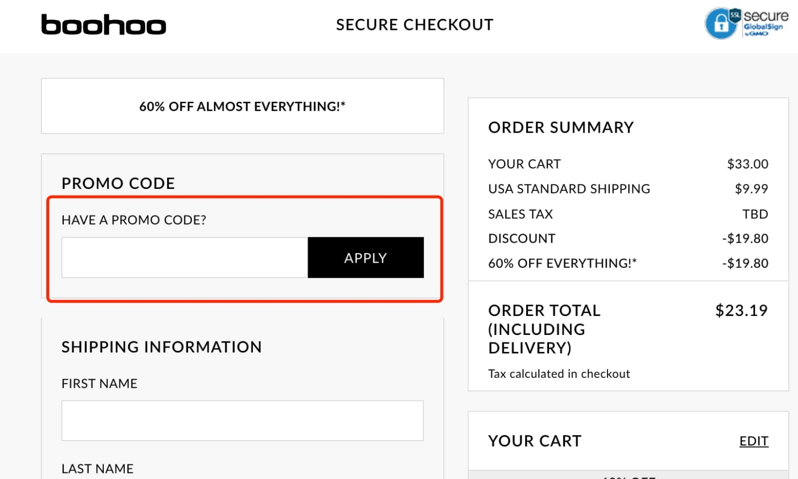 how to apply Boohoo Promo Code - step 1