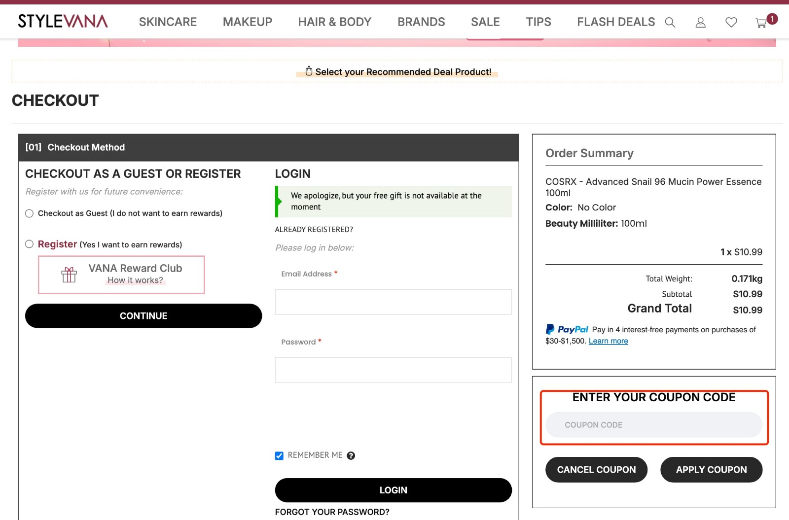 how to apply STYLEVANA Coupon Code - step 1