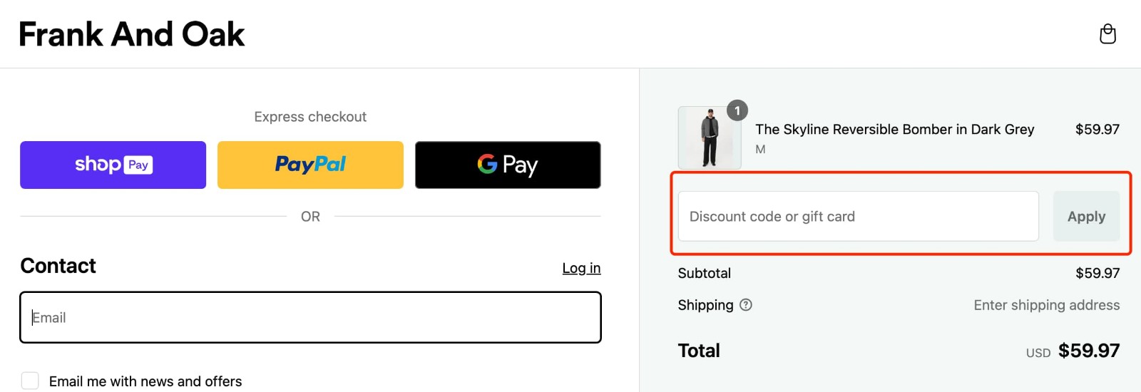 how to apply Frank & Oak Coupon Code - step 1