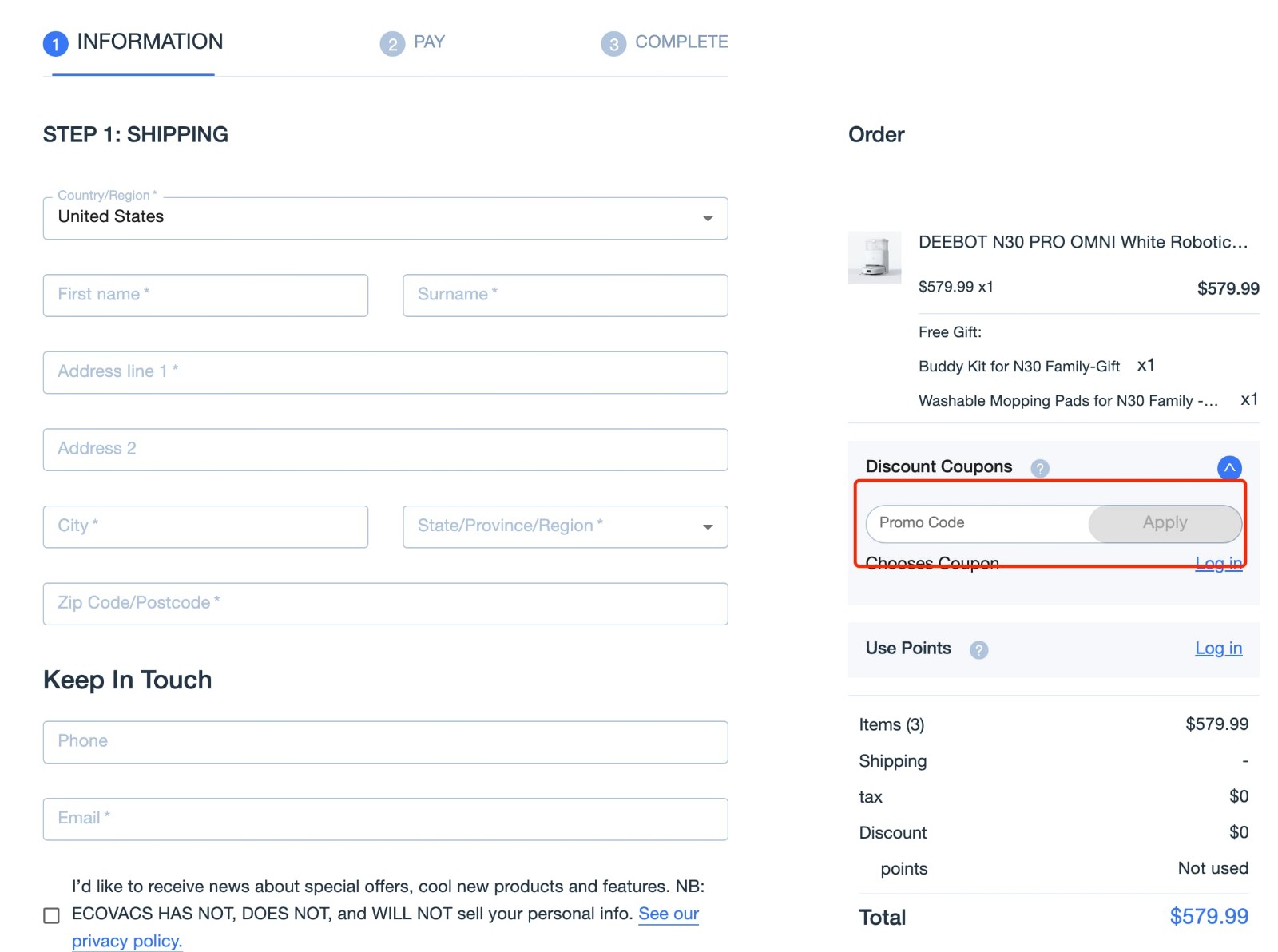 how to apply ECOVACS Coupon Code - step 1
