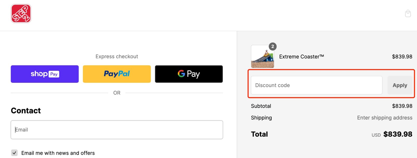 how to apply Step2 Discount Code - step 1