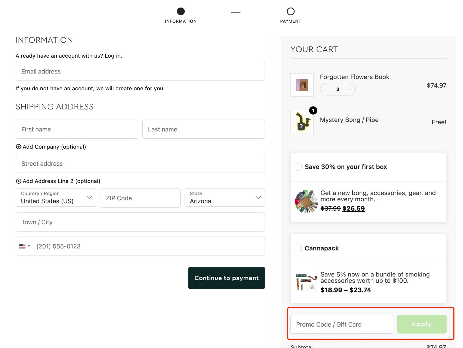 how to apply Cannabox Promo Code - step 1