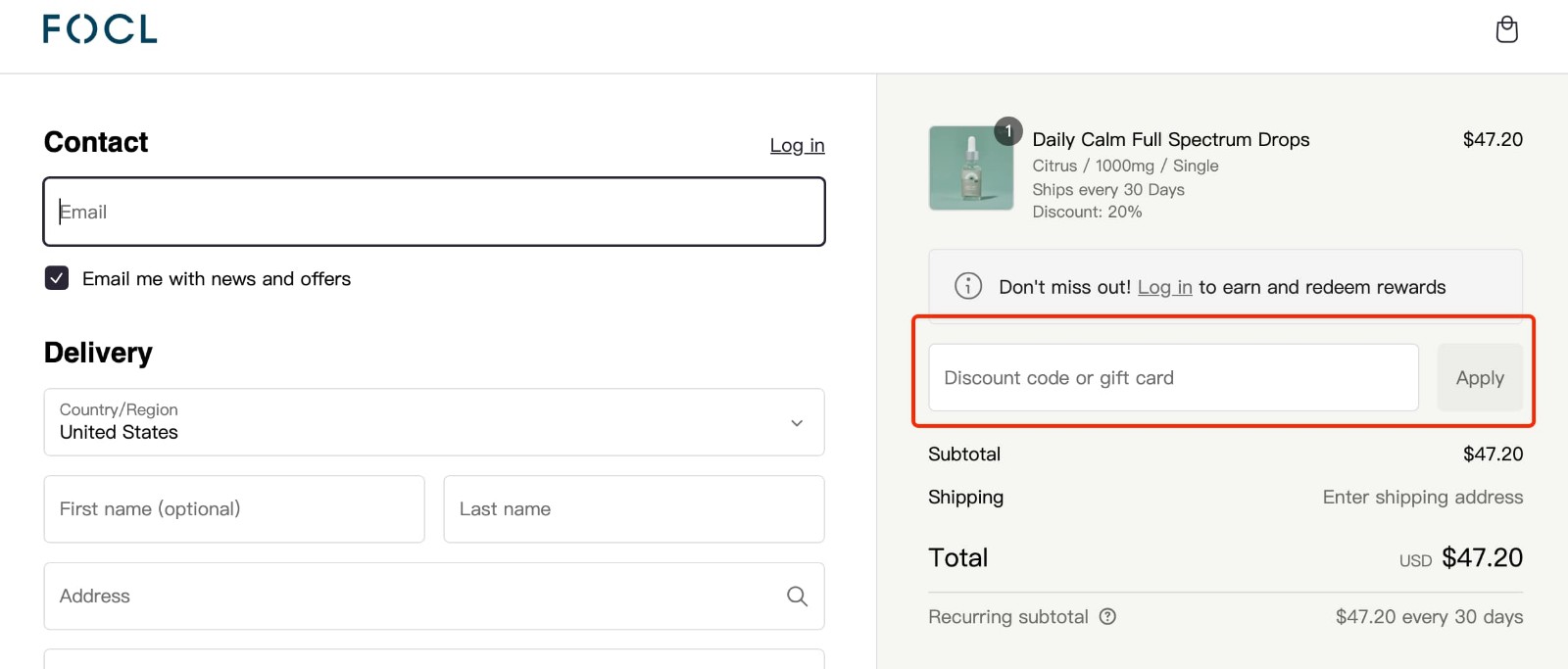 how to apply FOCL Coupon Code - step 1