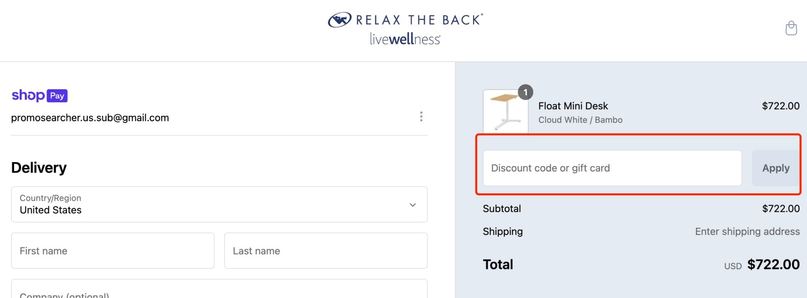 how to apply Relax the Back Discount Code - step 1