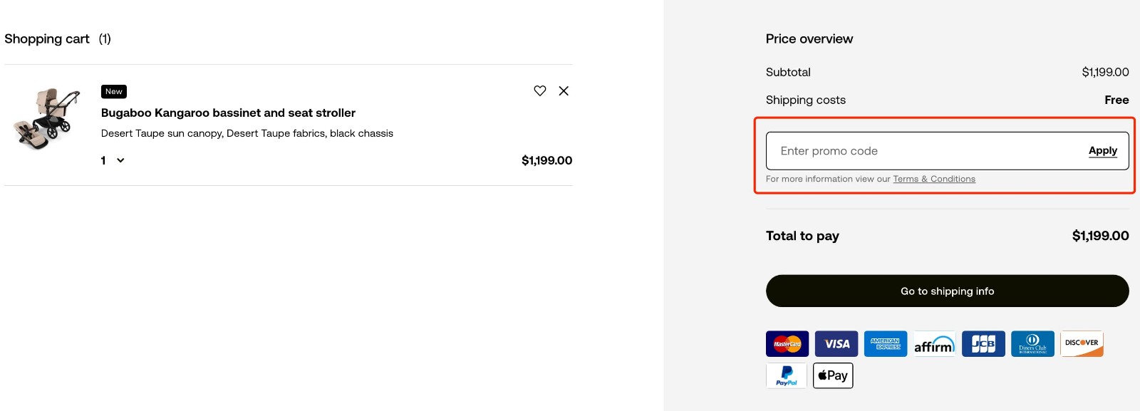 how to apply Bugaboo Promo Code - step 1
