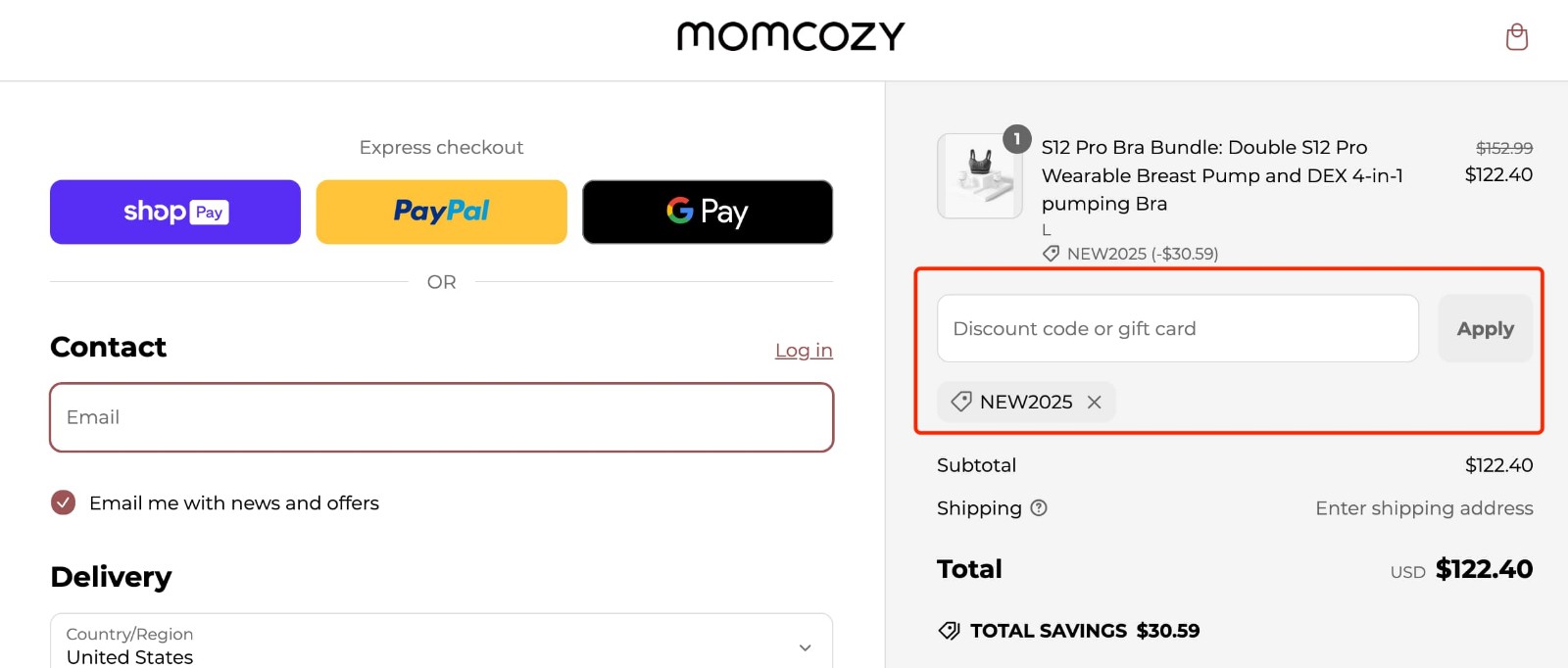 how to apply Momcozy Discount Code - step 1