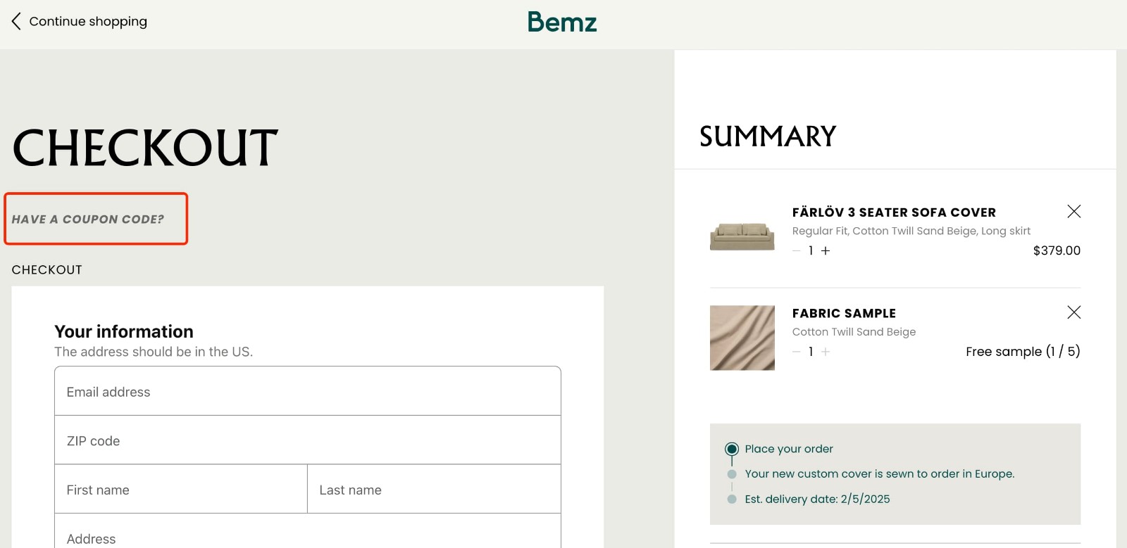 how to apply Bemz Coupon Code - step 1