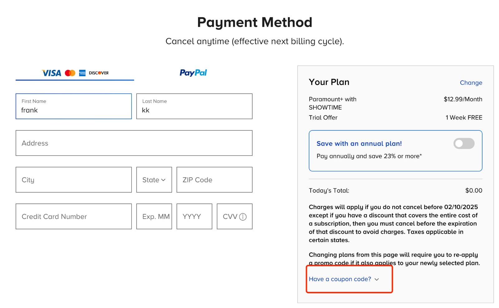 how to apply Paramount Plus Coupon Code - step 1