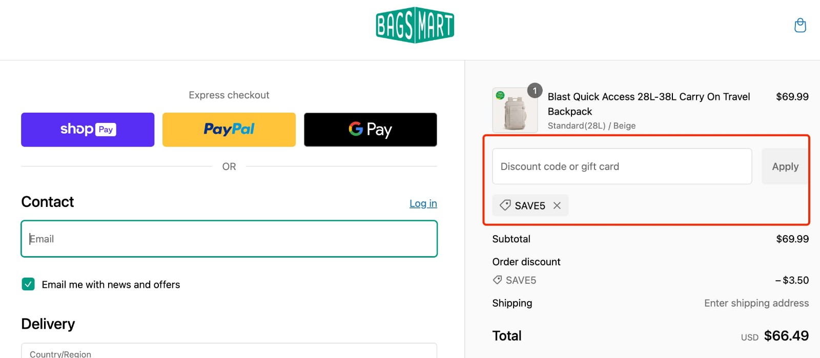 how to apply BAGSMART Coupon Code - step 1