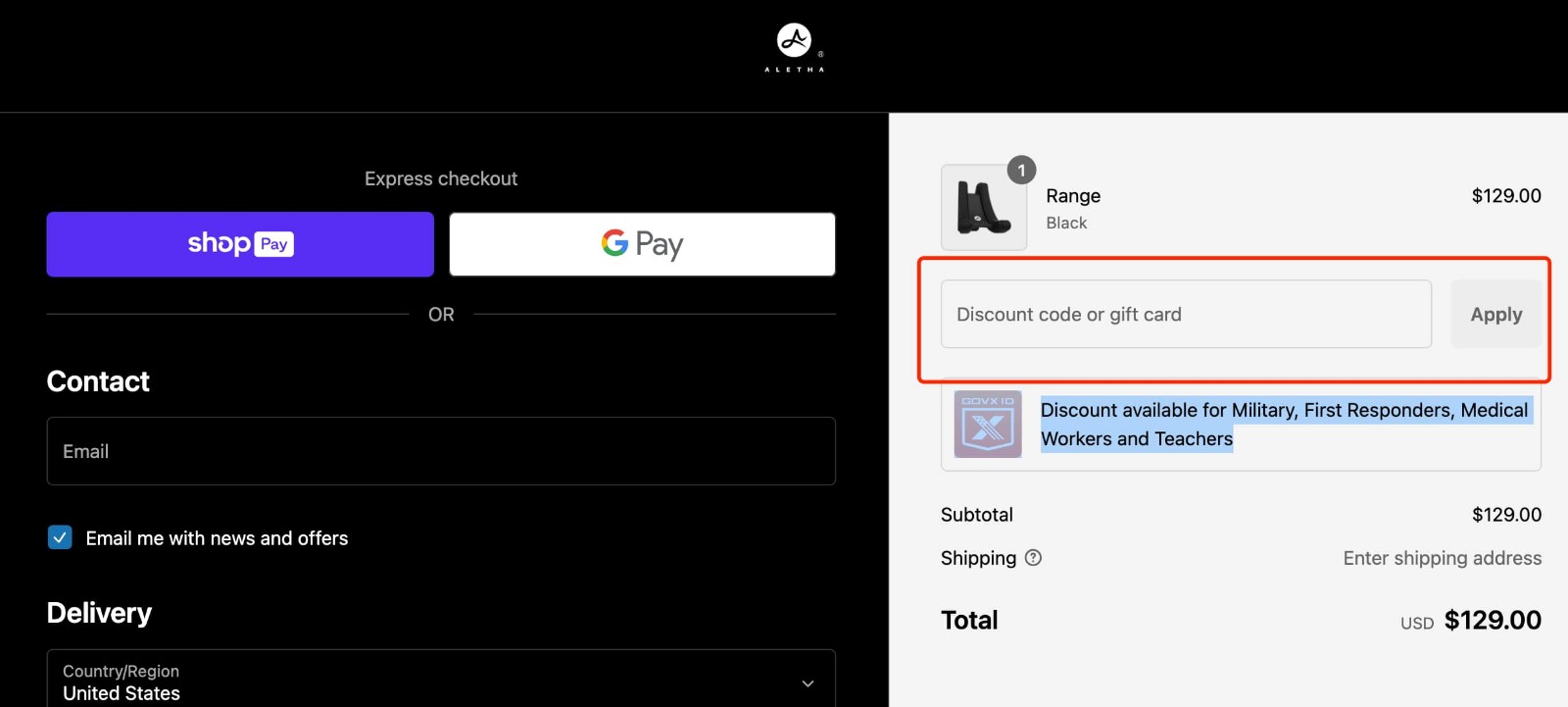 how to apply Aletha Discount Code - step 1