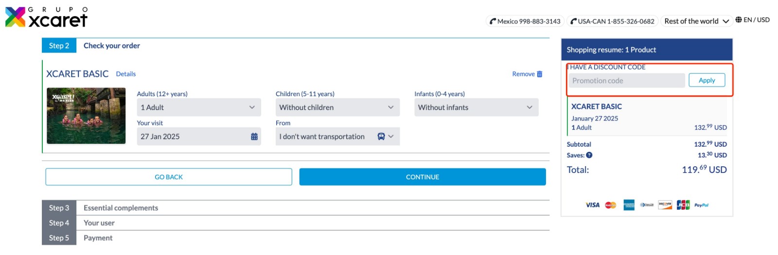 how to apply Xcaret Promo Code - step 1