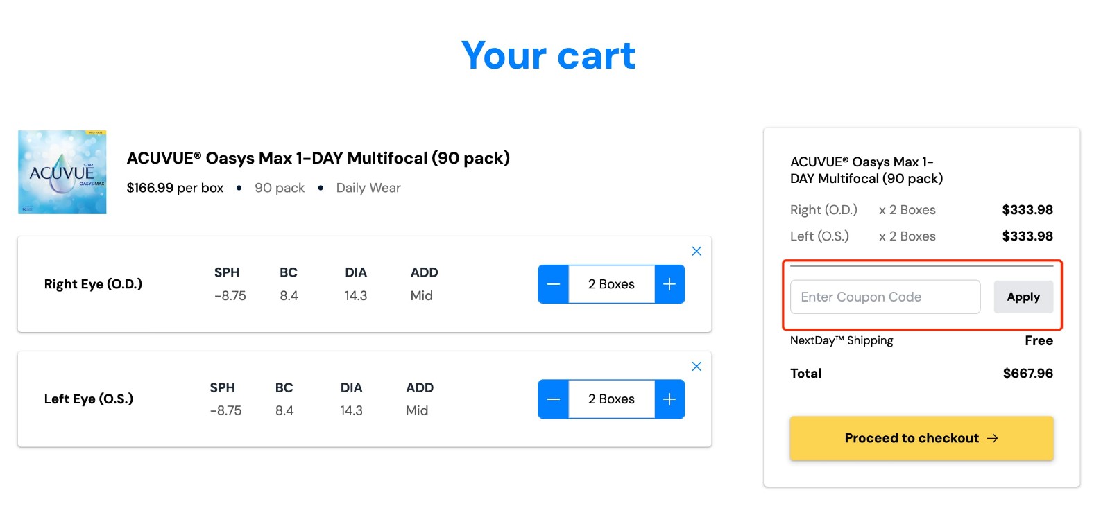 how to apply Next Day Contacts Coupon Code - step 1