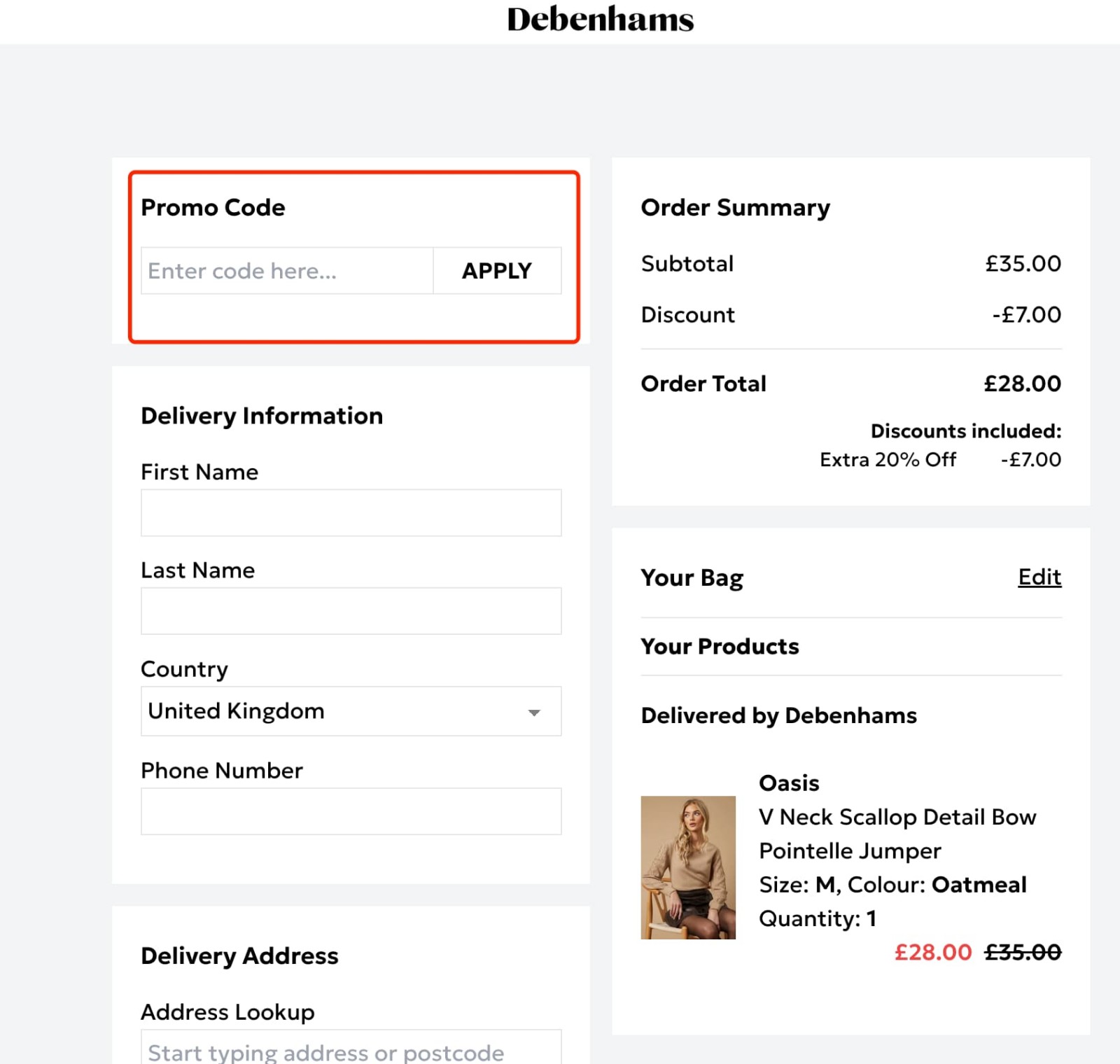 how to apply Debenhams Discount Code - step 1