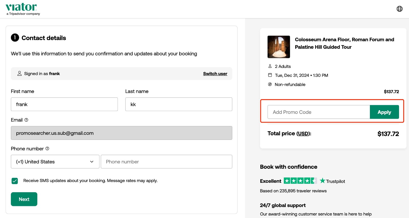 how to apply Viator Promo Code - step 2