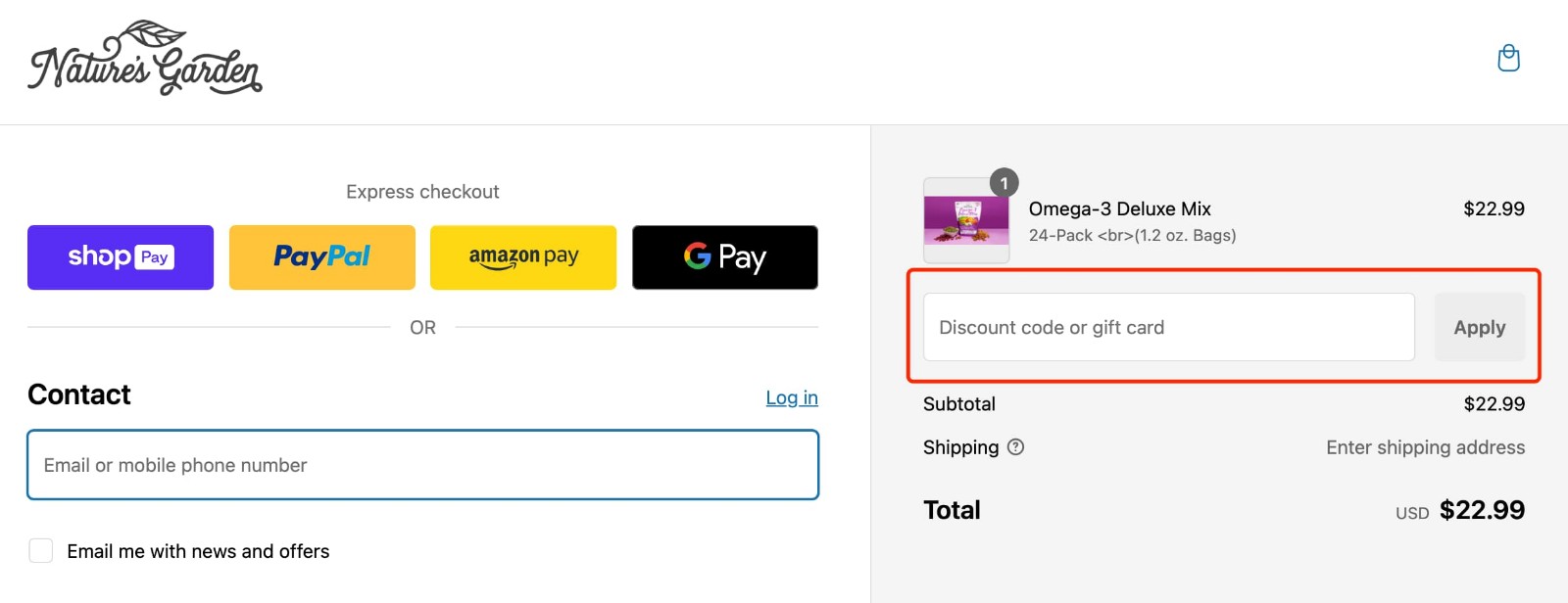 how to apply Natures Garden Coupon Code - step 1