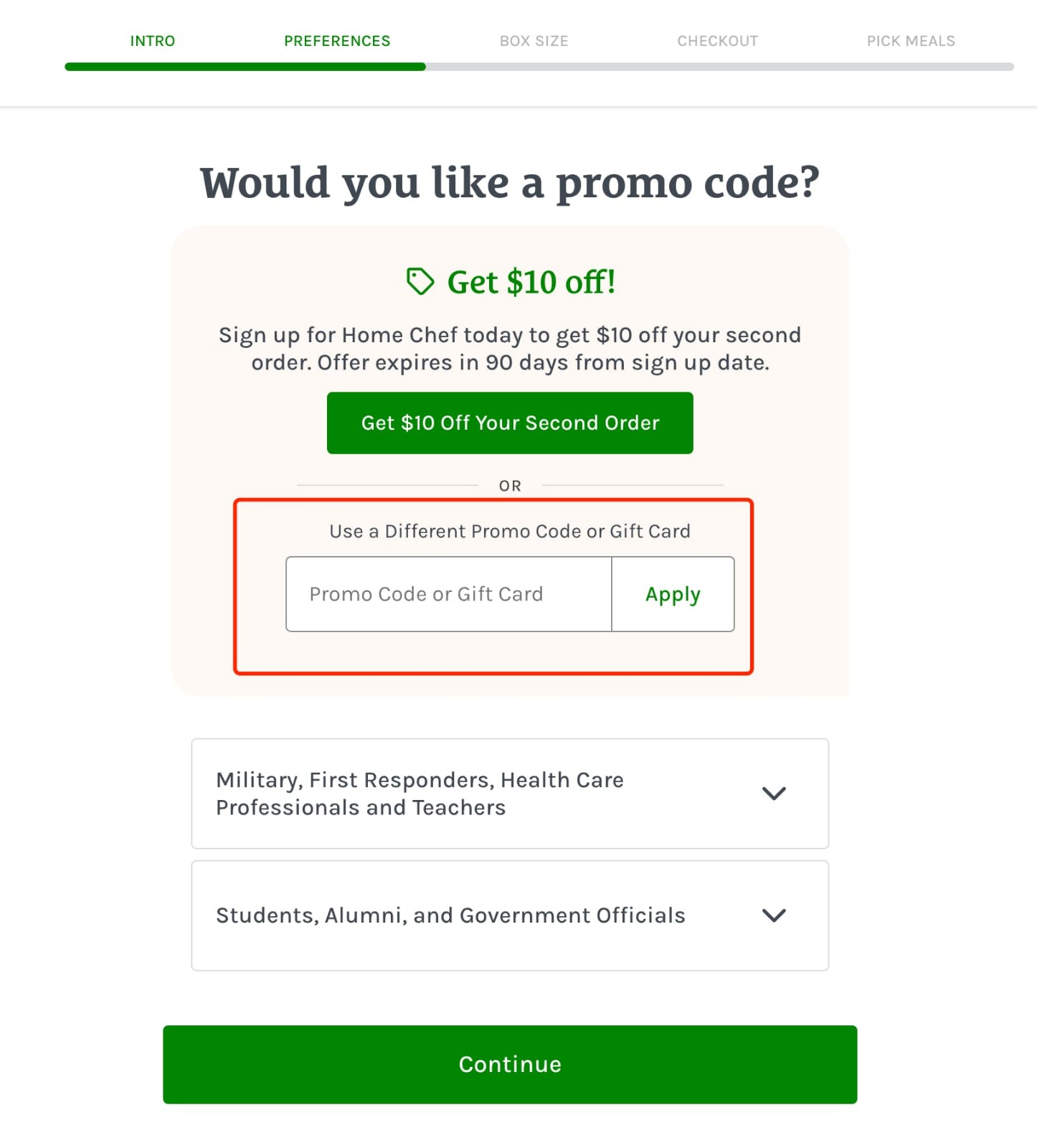 how to apply Home Chef Promo Code - step 1