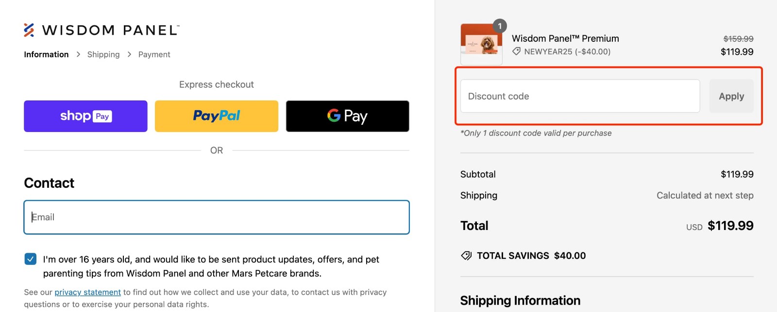 how to apply Wisdom Panel Discount Code - step 1