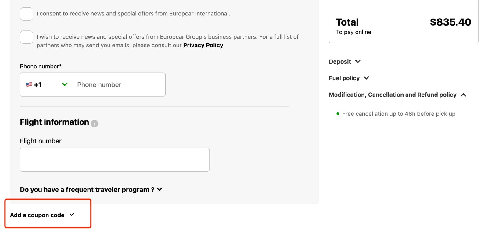 how to apply Europcar Coupon Code - step 2
