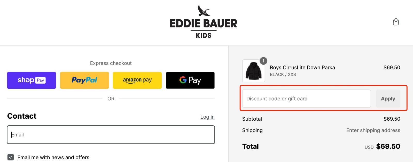 how to apply Eddie Bauer Kids Discount Code - step 1