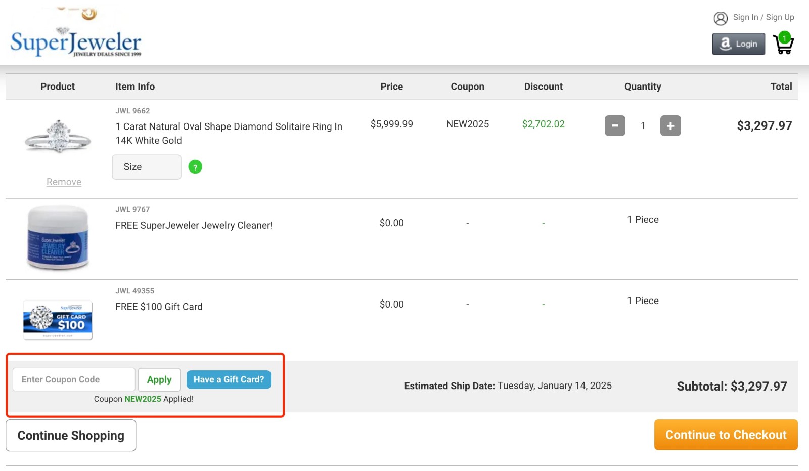 how to apply SuperJeweler Coupon Code - step 1