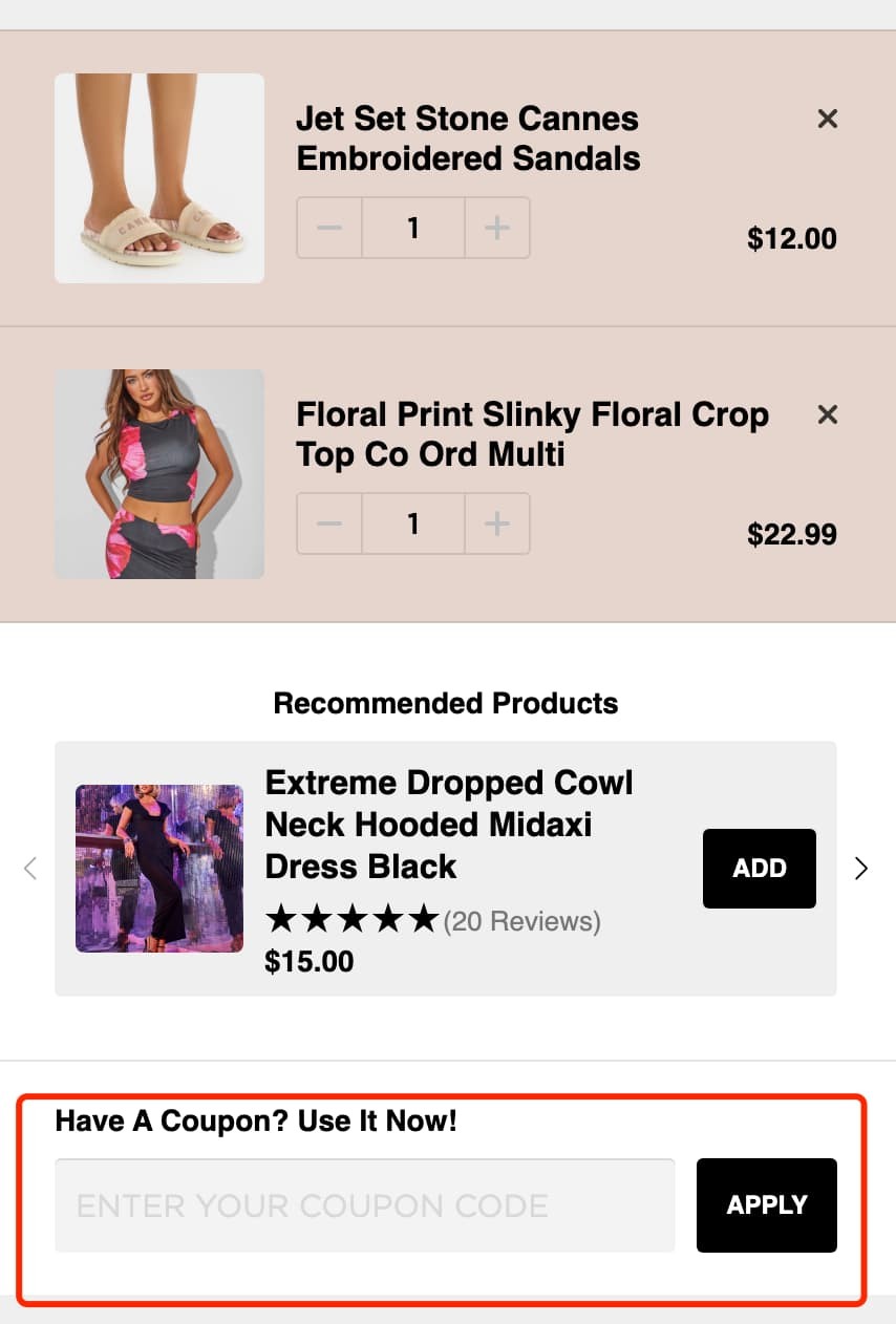 how to apply Public Desire Discount Code - step 1
