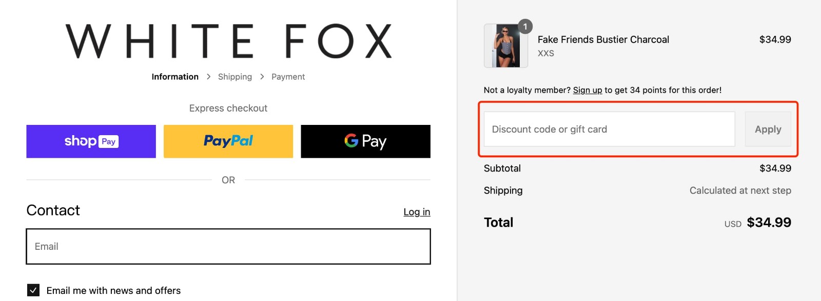 how to apply White Fox Boutique Discount Code - step 1