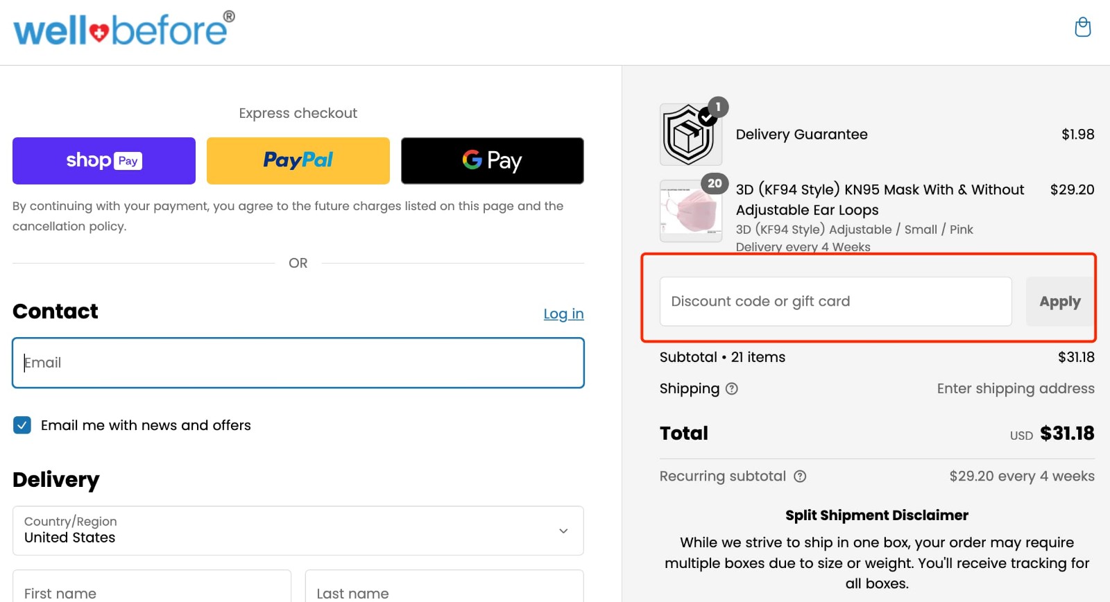 how to apply WellBefore Discount Code - step 1