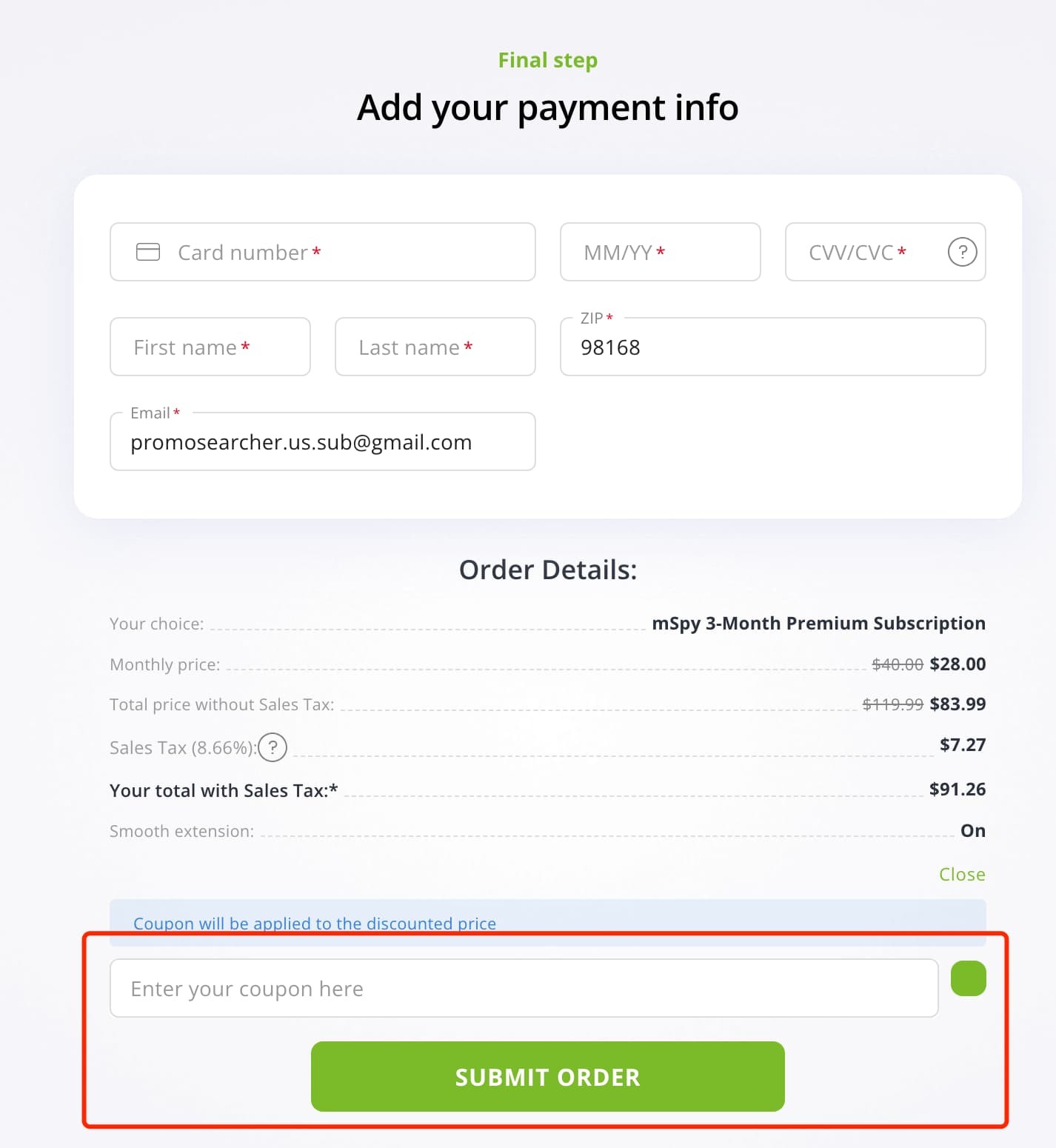 how to apply mSpy Coupon Code - step 2