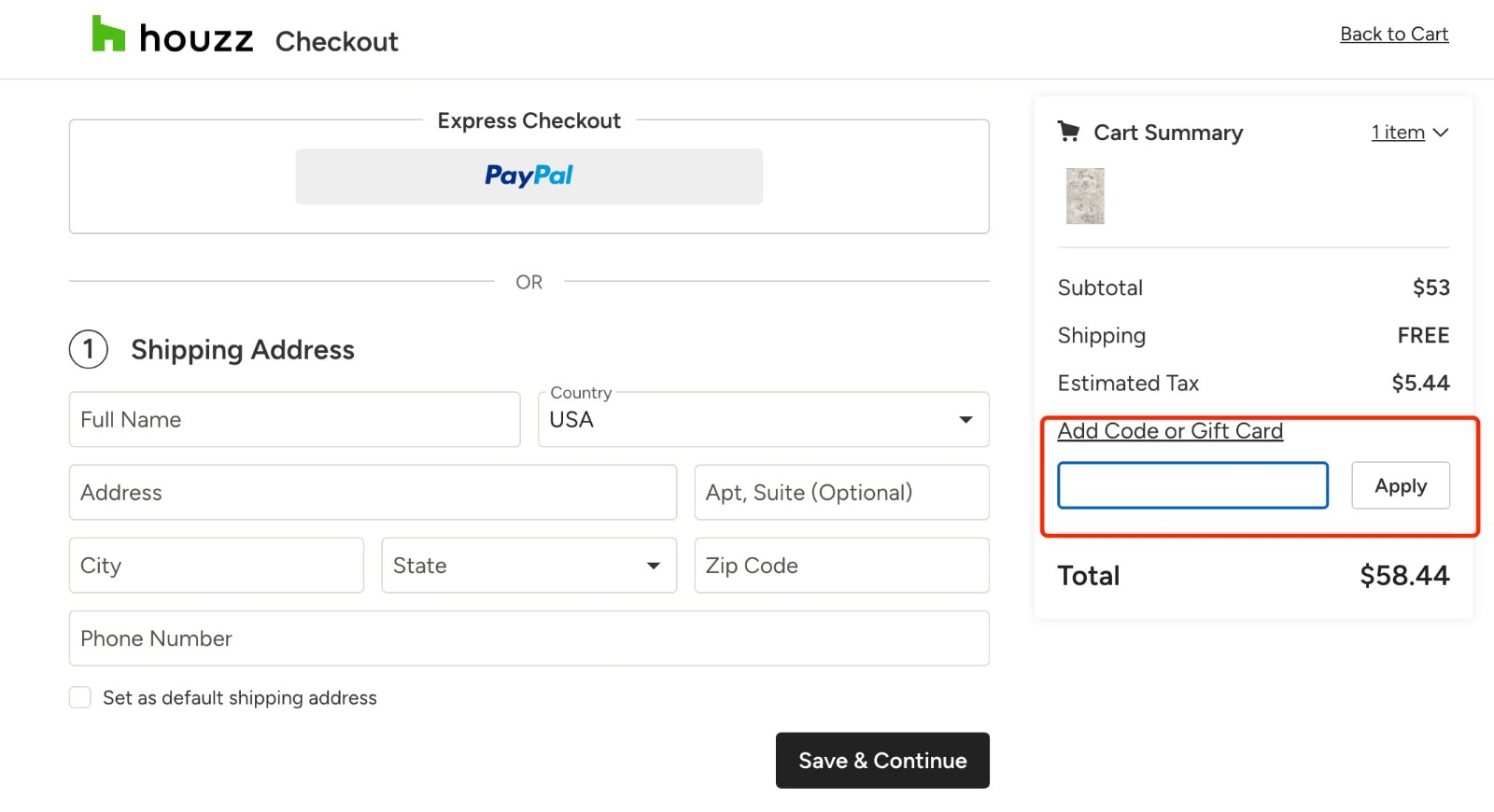 how to apply Houzz Coupon Code - step 1