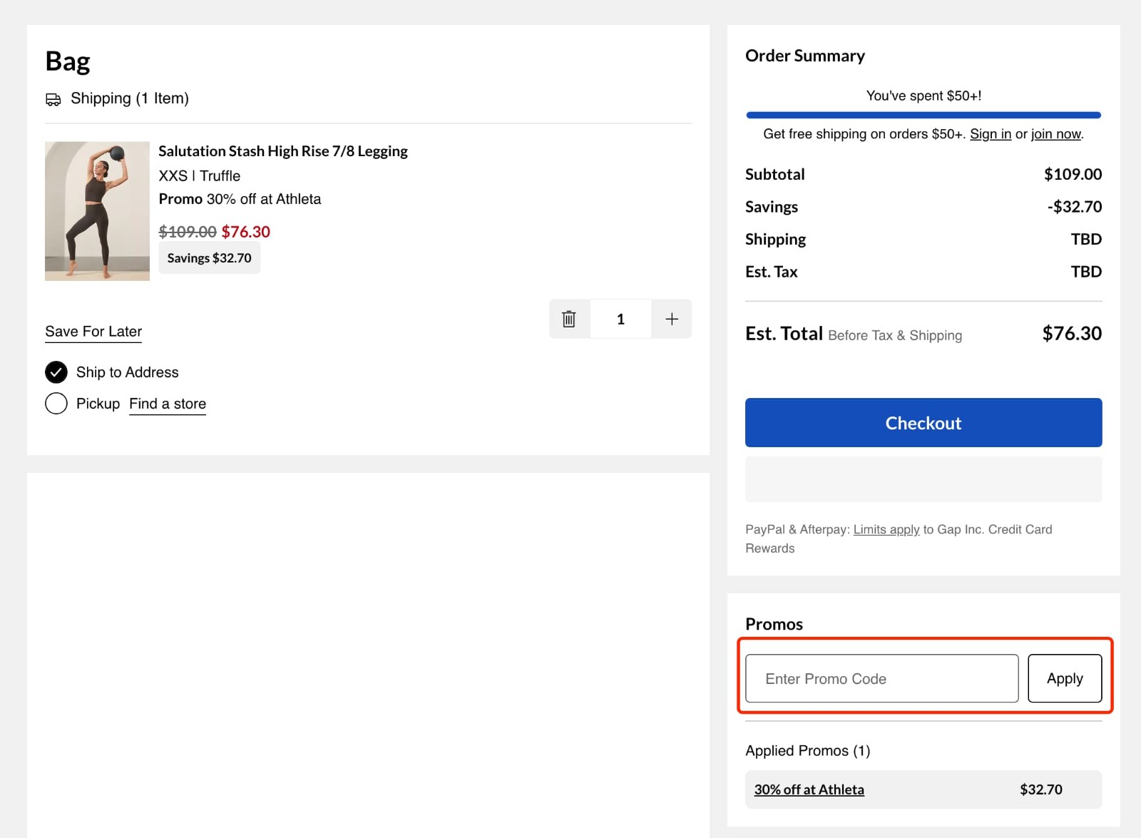 how to apply Athleta Promo Code - step 1