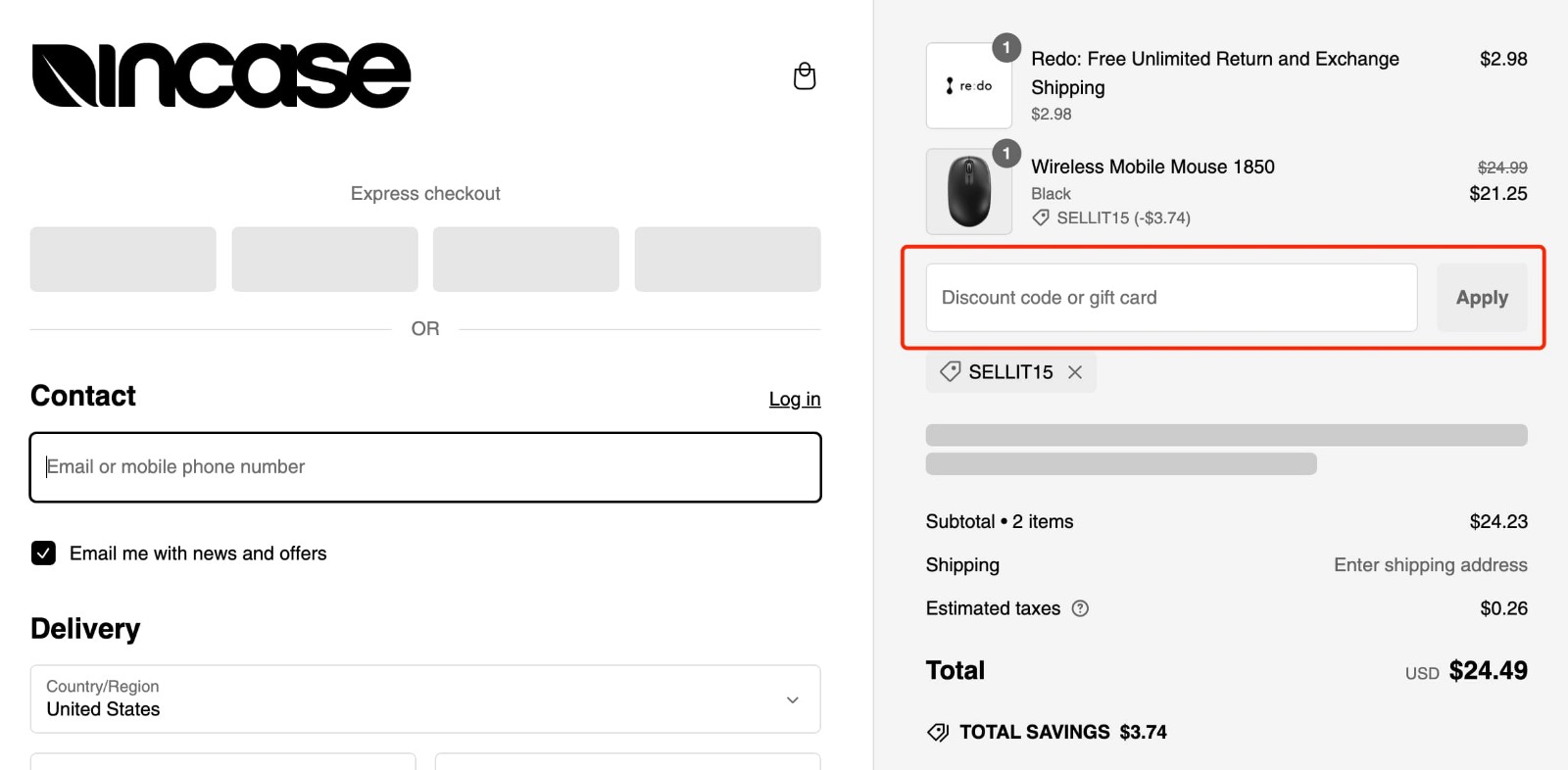 how to apply Incase Coupon Code - step 1