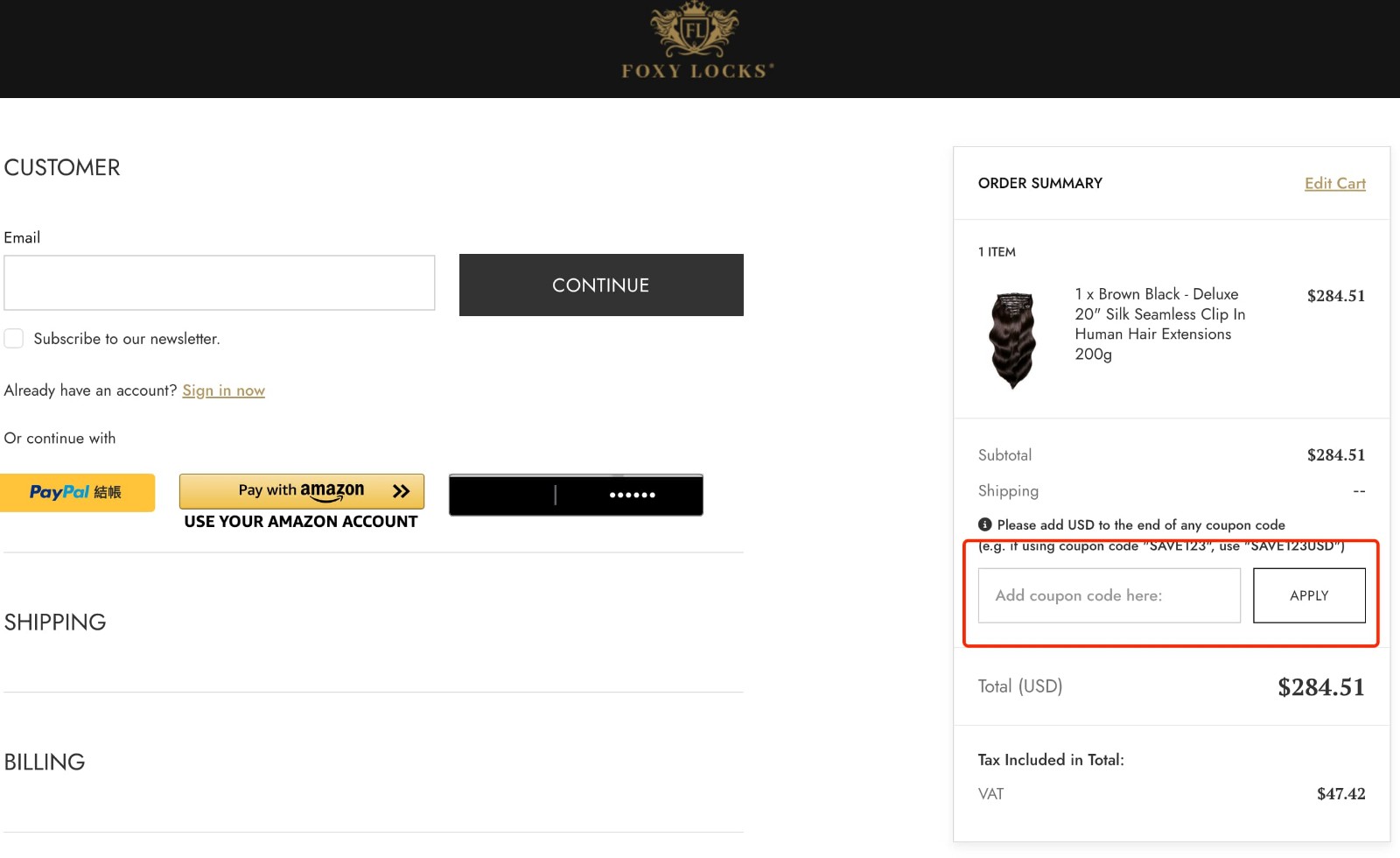 how to apply Foxy Locks Discount Code - step 1