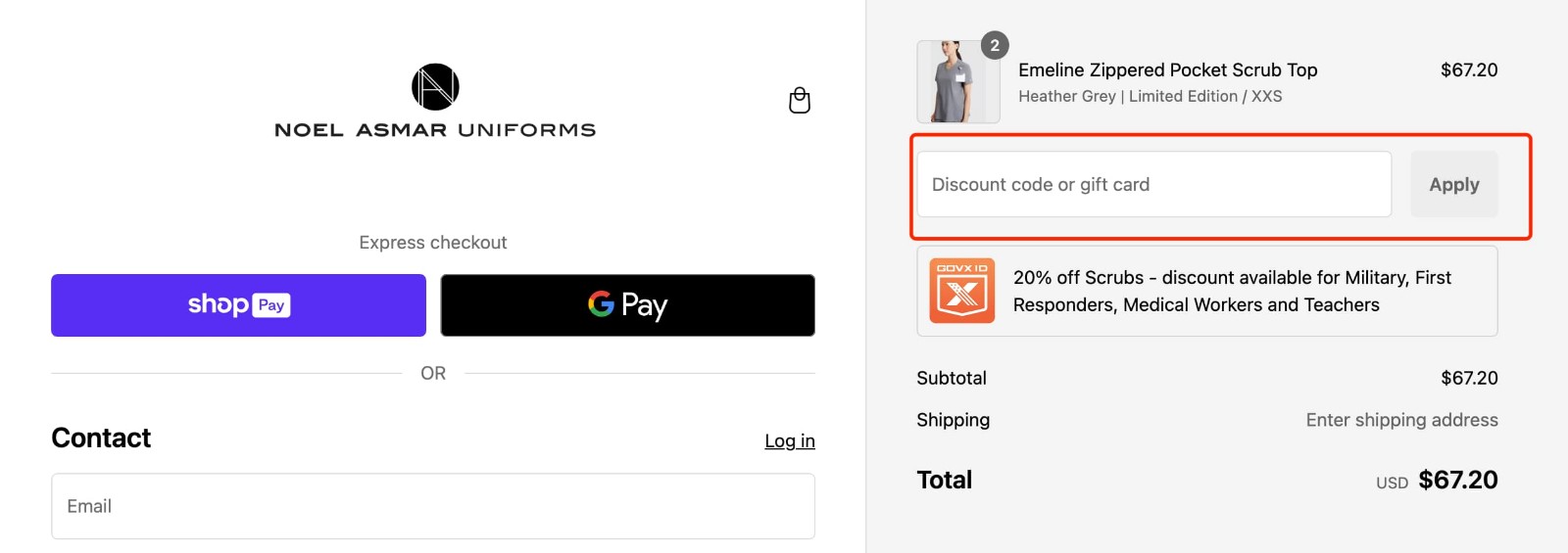 how to apply Noel Asmar Uniforms Coupon Code - step 1