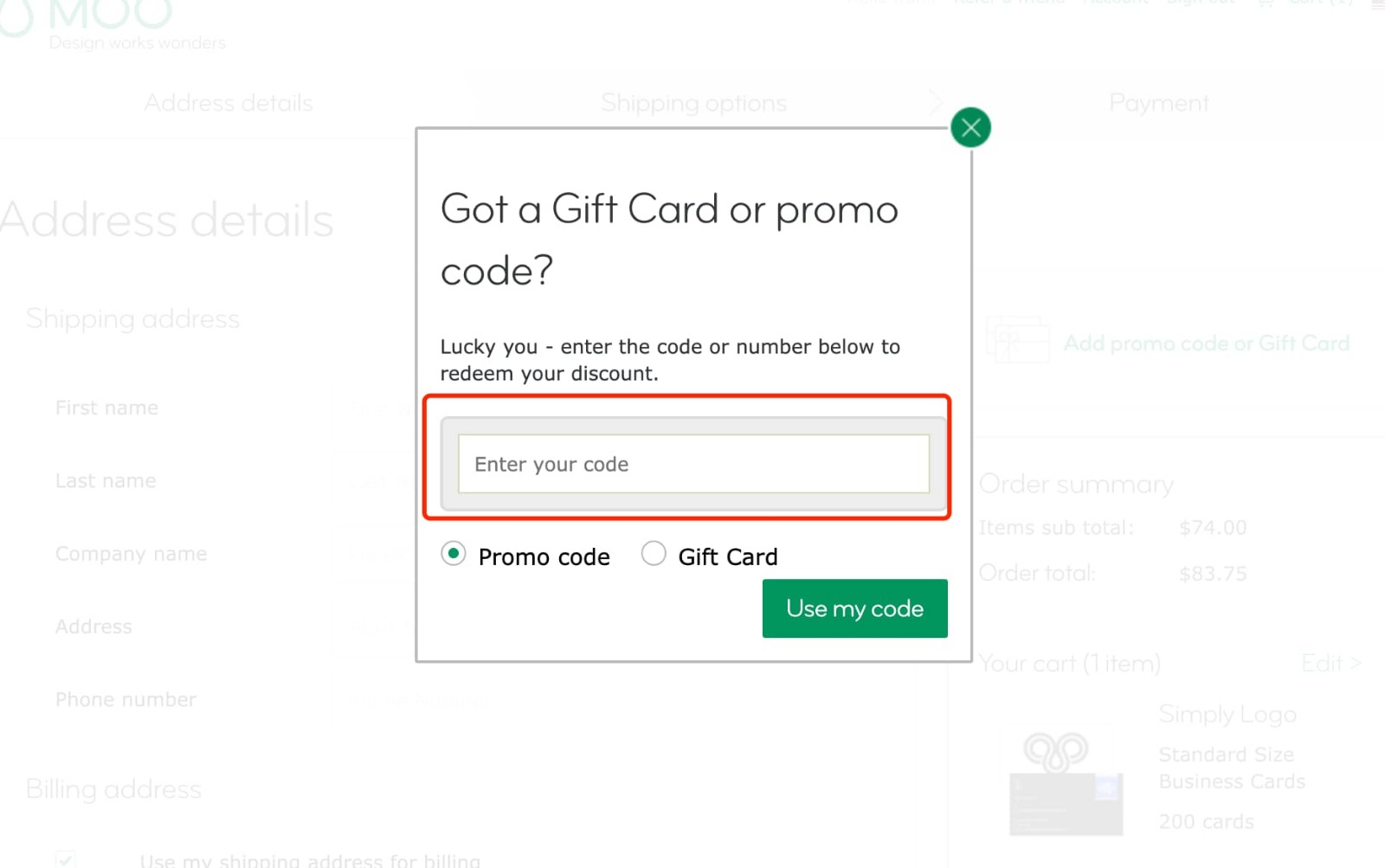 how to apply MOO Coupon Code - step 2
