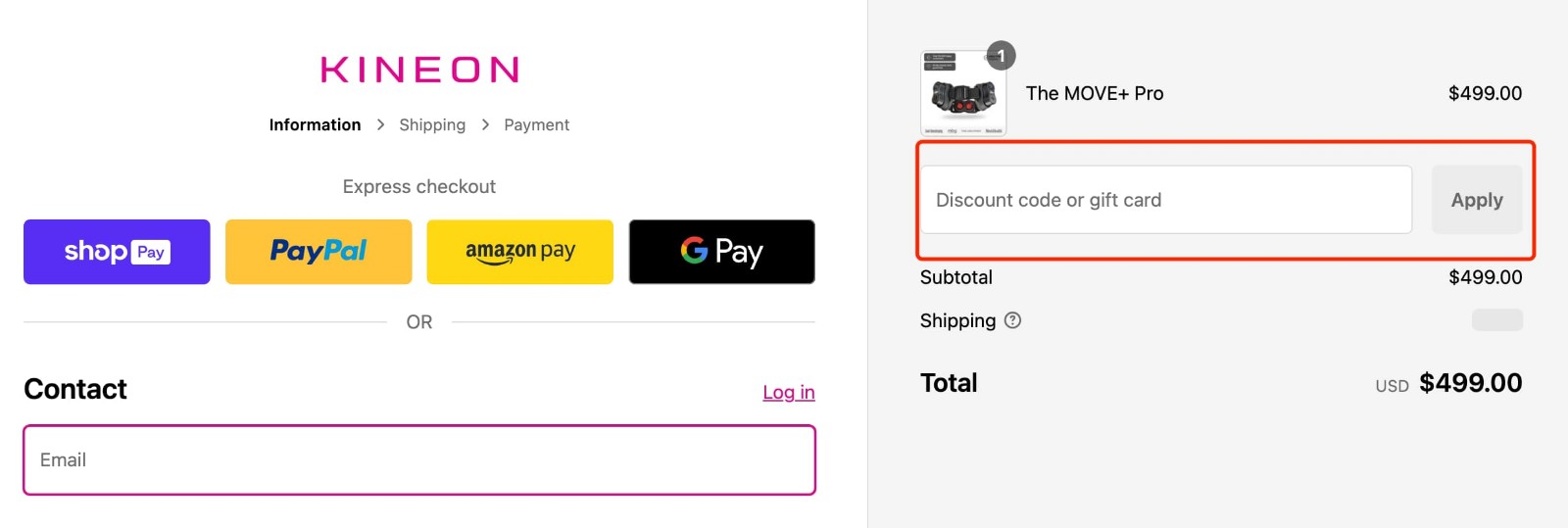 how to apply Kineon Discount Code - step 1