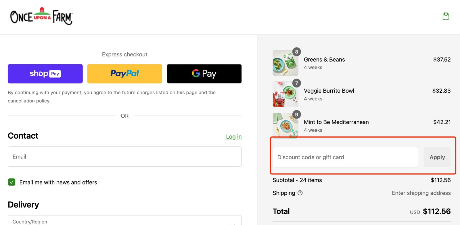 how to apply Once Upon a Farm Discount Code - step 1