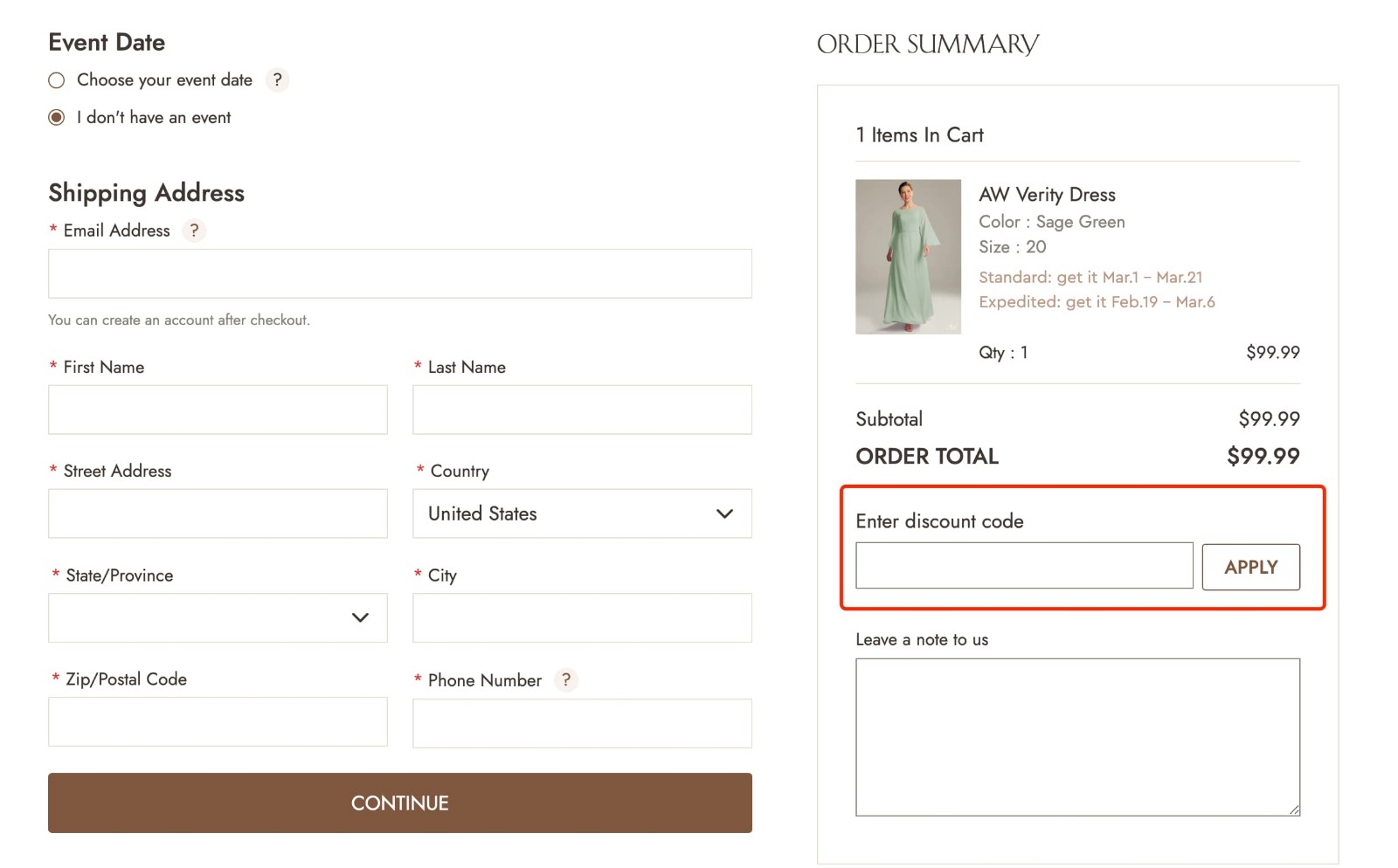 how to apply AW Bridal Discount Code - step 1