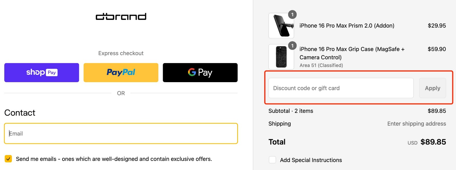 how to apply Dbrand Coupon Code - step 1