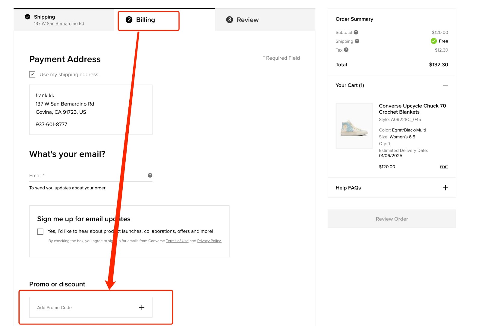 how to apply Converse Promo Code - step 1