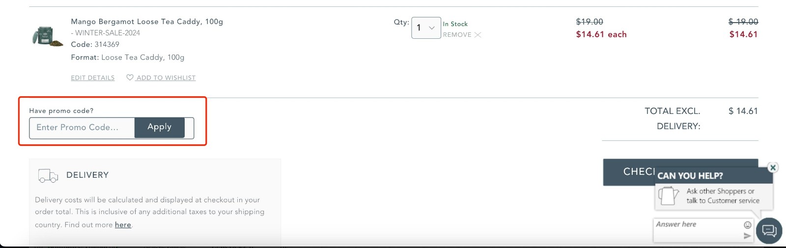 how to apply Whittard Promo Code - step 1