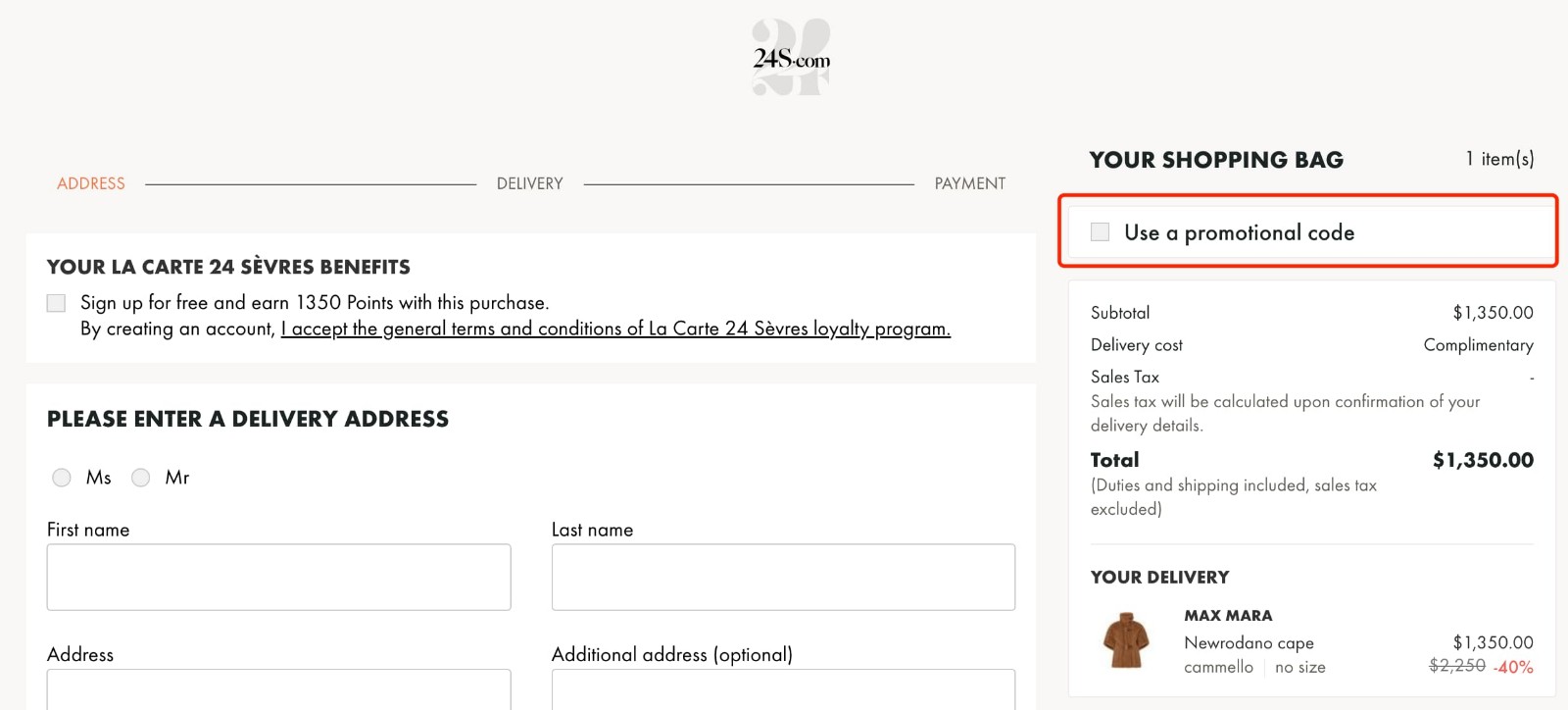 how to apply 24S Promo Code - step 1