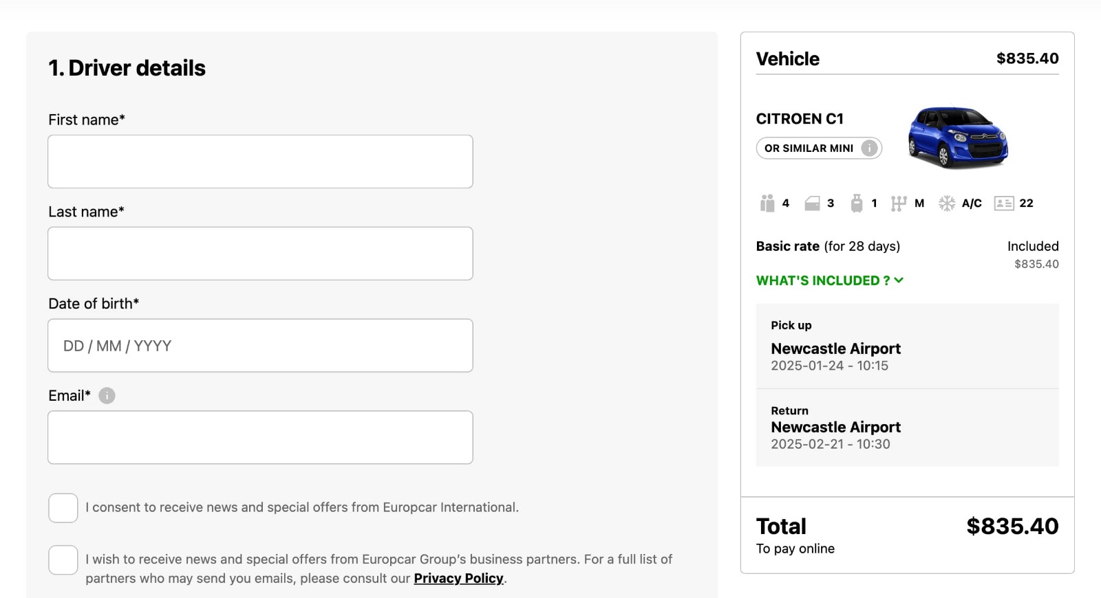how to apply Europcar Coupon Code - step 1