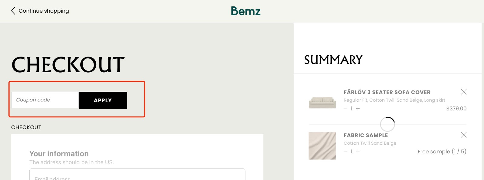 how to apply Bemz Coupon Code - step 2