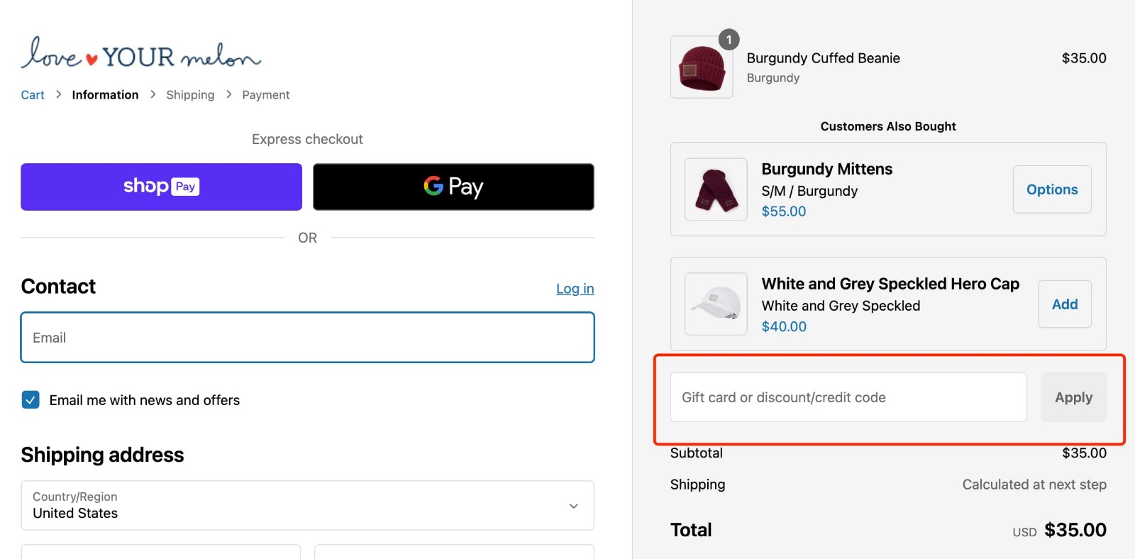how to apply Love Your Melon Discount Code - step 1