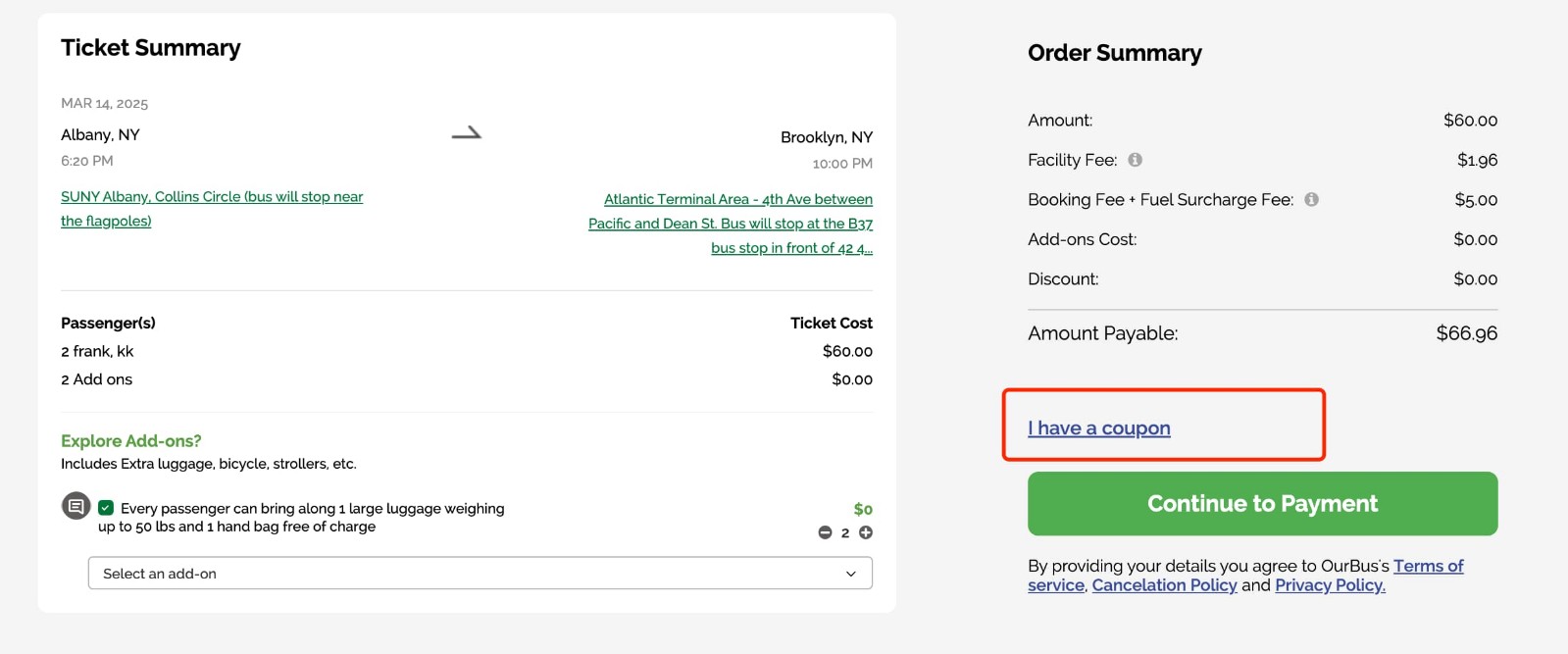 how to apply OurBus Coupon Code - step 1