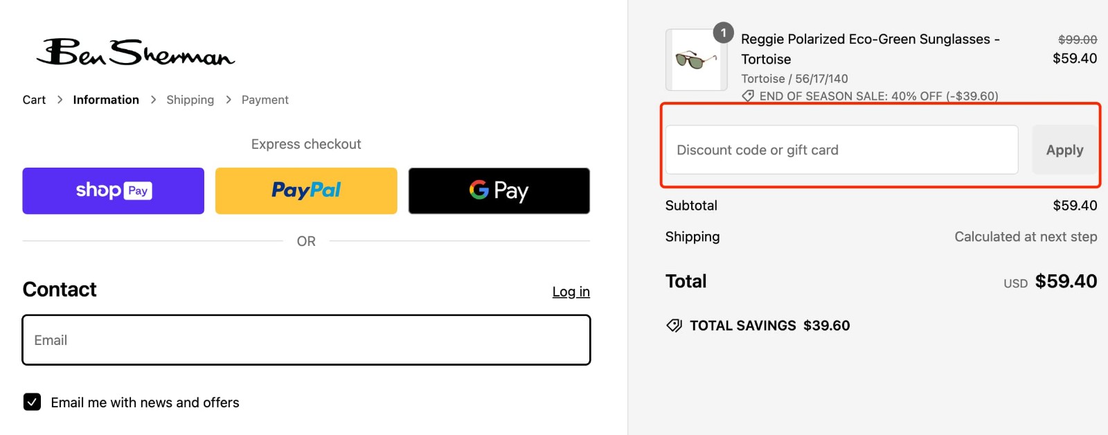 how to apply Ben Sherman Coupon - step 1