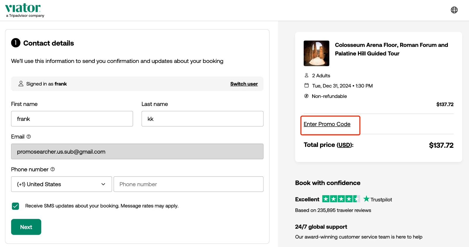 how to apply Viator Promo Code - step 1