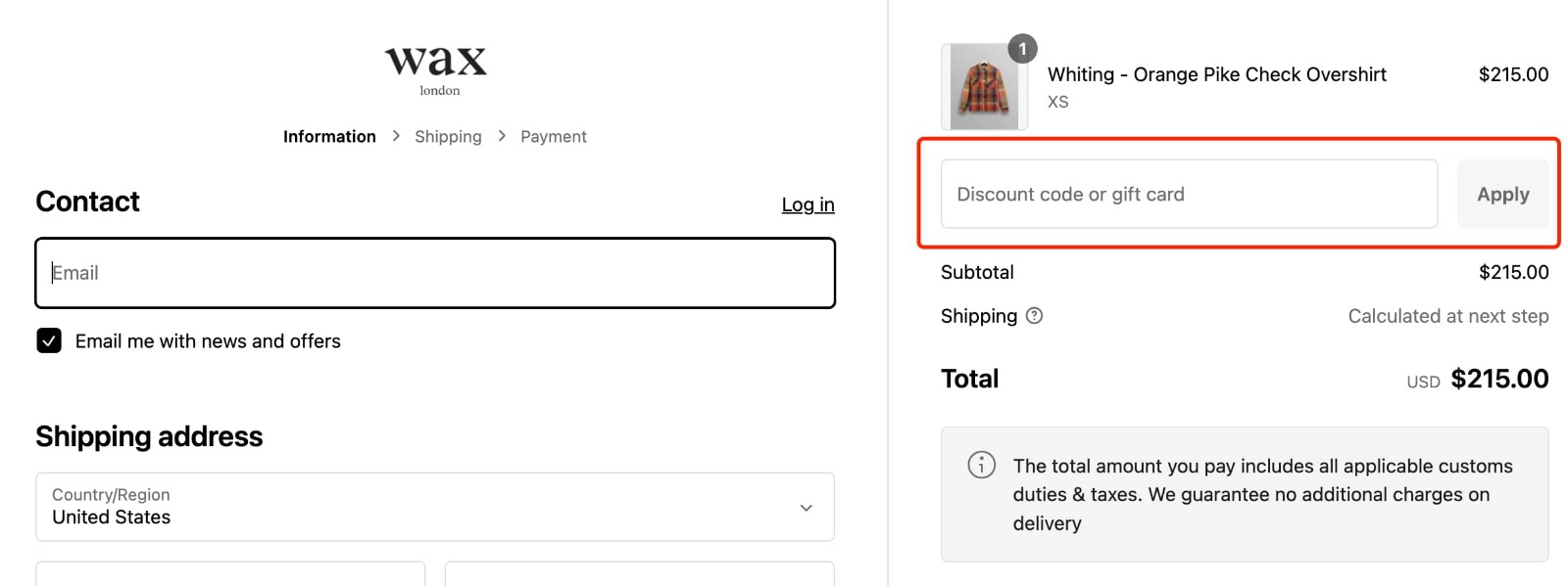 how to apply Wax London Coupon Code - step 1